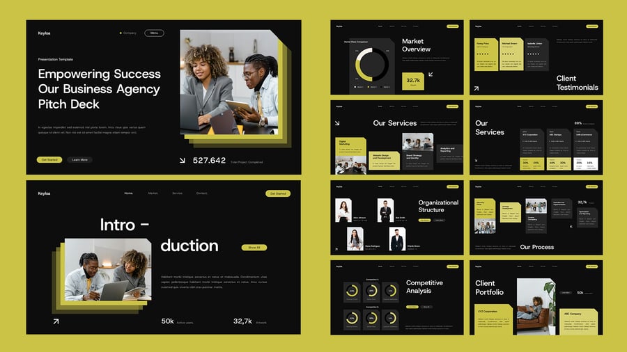 黑色黄色现代商业代理机构PPT模板 (PPTX,PPT)