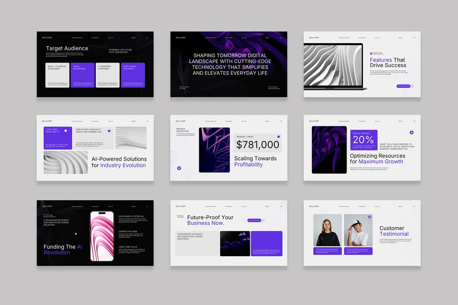 黑色紫色现代AI业务建议PPT模板 (PPT,PPTX)