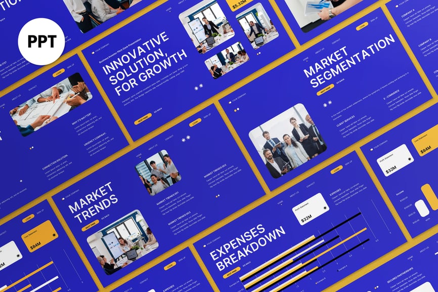 蓝色的黄色投资者PPT模板 (PPT,PPTX)