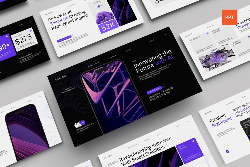 黑色紫色现代AI业务建议PPT模板 (PPT,PPTX)