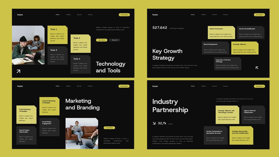 黑色黄色现代商业代理机构PPT模板 (PPTX,PPT)