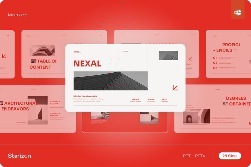 白色红色极简主义投资组合建筑师PPT模板 (PPT,PPTX)