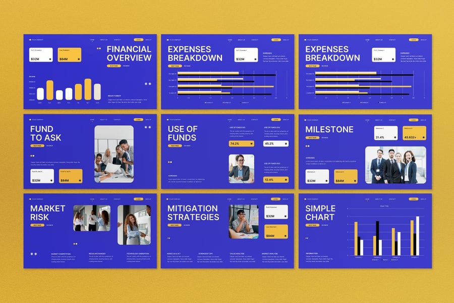 蓝色的黄色投资者PPT模板 (PPT,PPTX)
