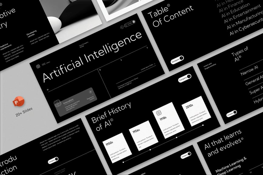 黑白现代人工智能PPT模板 (PPT,PPTX)