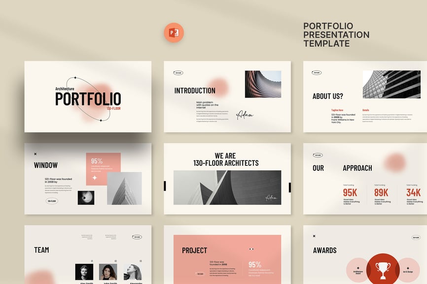 极简主义建筑作品集PPT模板 (PPTX)