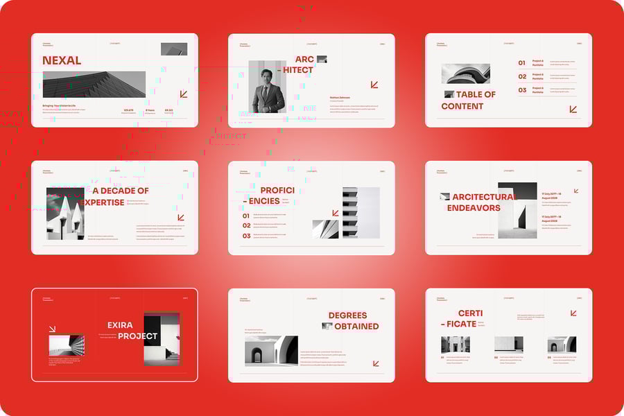白色红色极简主义投资组合建筑师PPT模板 (PPT,PPTX)
