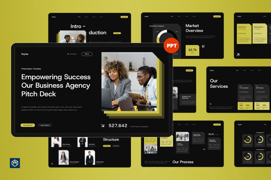 黑色黄色现代商业代理机构PPT模板 (PPTX,PPT)