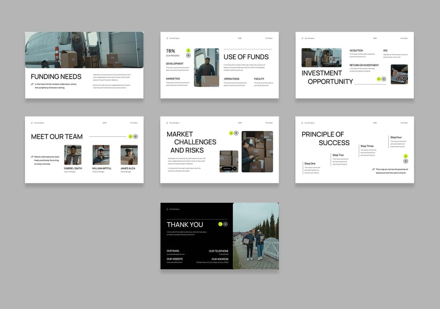 白色绿色黑色现代极简主义俯仰甲板PPT模板 (PPT,PPTX)