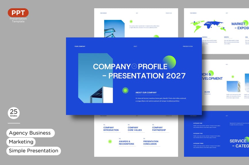 蓝白色公司简约演示PPT模板 (PPT,PPTX)