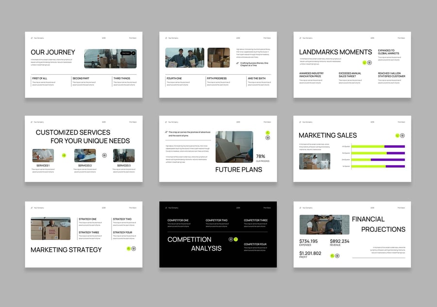 白色绿色黑色现代极简主义俯仰甲板PPT模板 (PPT,PPTX)