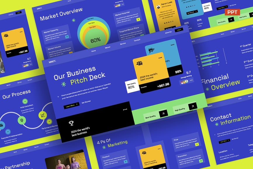 蓝金色彩色商业代理商俯仰甲板PPT模板 (PPT,PPTX)