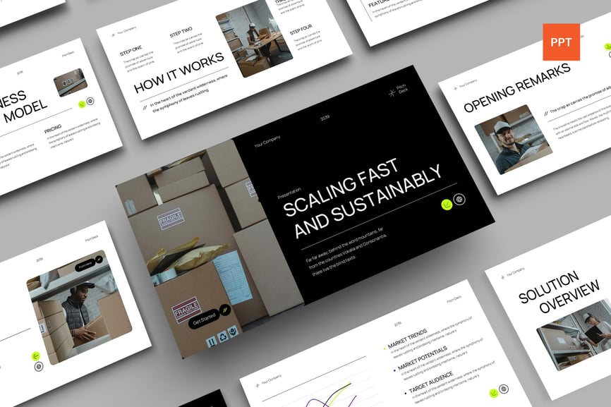 白色绿色黑色现代极简主义俯仰甲板PPT模板 (PPT,PPTX)