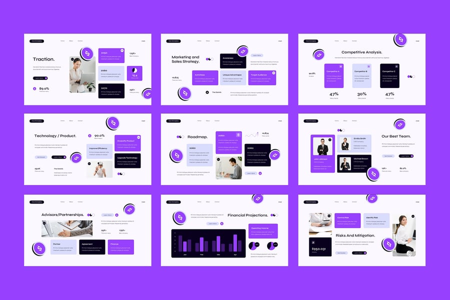 白色紫色UI UX投资者俯仰甲板PPT模板 (PPT,PPTX)