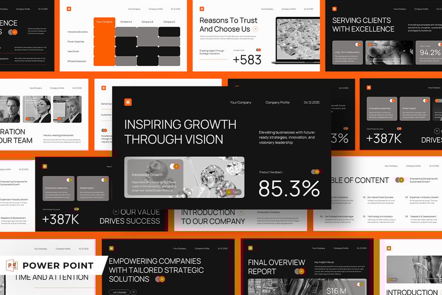 黑色橙色现代公司资料PPT模板 (PPT,PPTX)