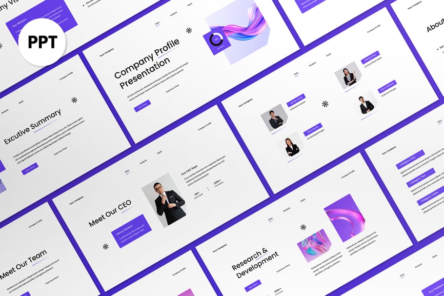 白色紫色梯度公司个人资料PPT模板 (PPT,PPTX)