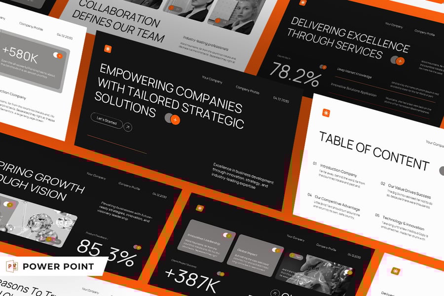 黑色橙色现代公司资料PPT模板 (PPT,PPTX)