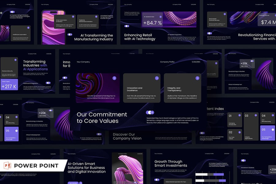 黑色紫色现代AI技术PPT模板 (PPT,PPTX)