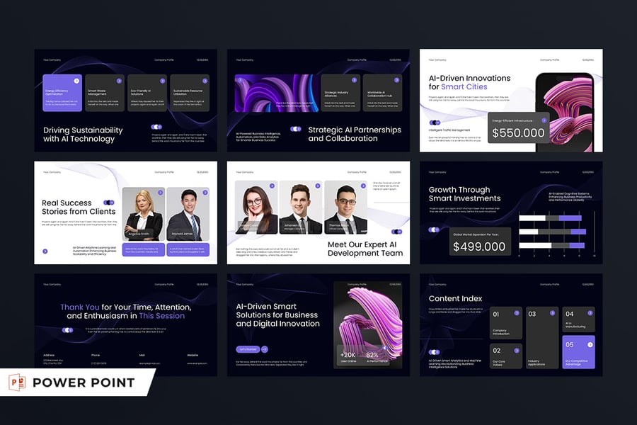 黑色紫色现代AI技术PPT模板 (PPT,PPTX)
