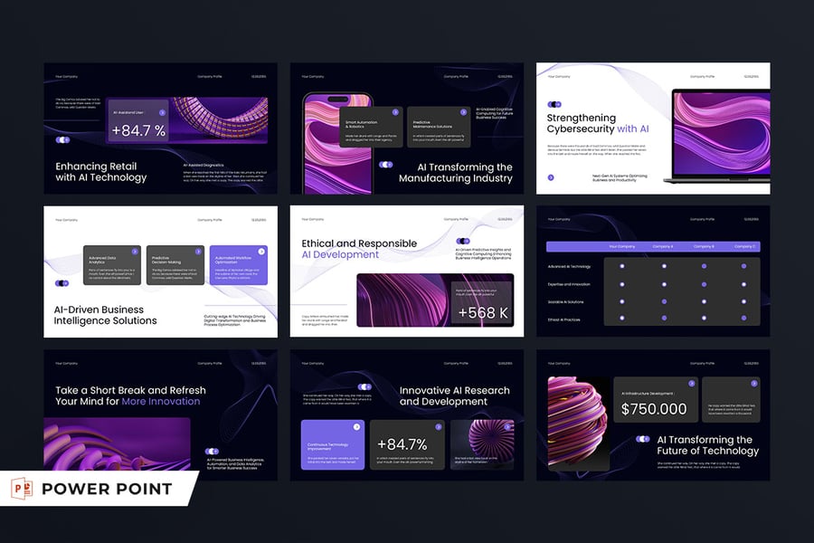 黑色紫色现代AI技术PPT模板 (PPT,PPTX)