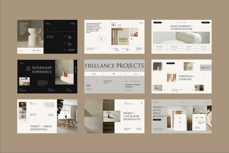 米色室内设计师简历和投资组合PPT模板 (PPT,PPTX)