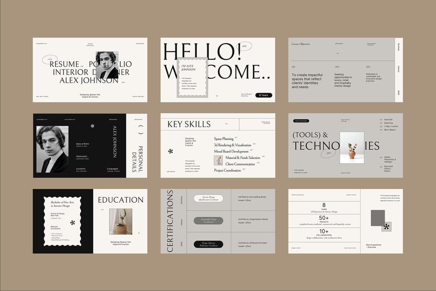 米色室内设计师简历和投资组合PPT模板 (PPT,PPTX)