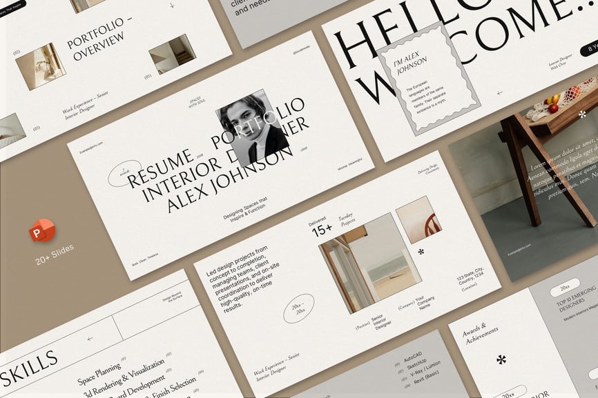 米色室内设计师简历和投资组合PPT模板 (PPT,PPTX)