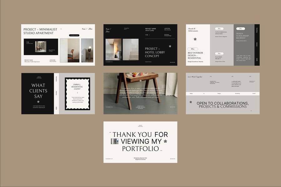 米色室内设计师简历和投资组合PPT模板 (PPT,PPTX)