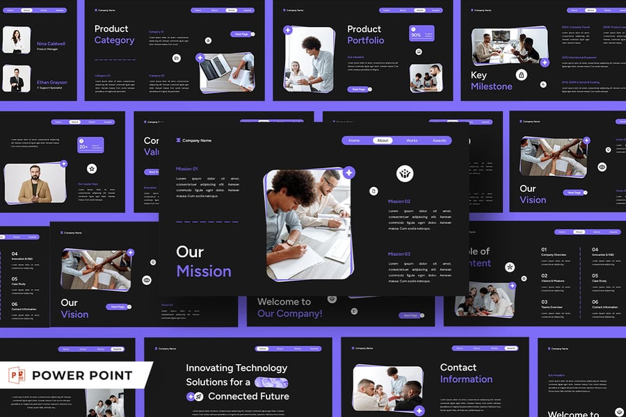 黑色紫色现代技术公司资料PPT模板 (PPT,PPTX)