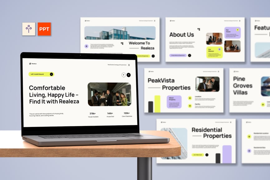 奶油绿色现代房地产目录PPT模板 (PPTX,PPT)