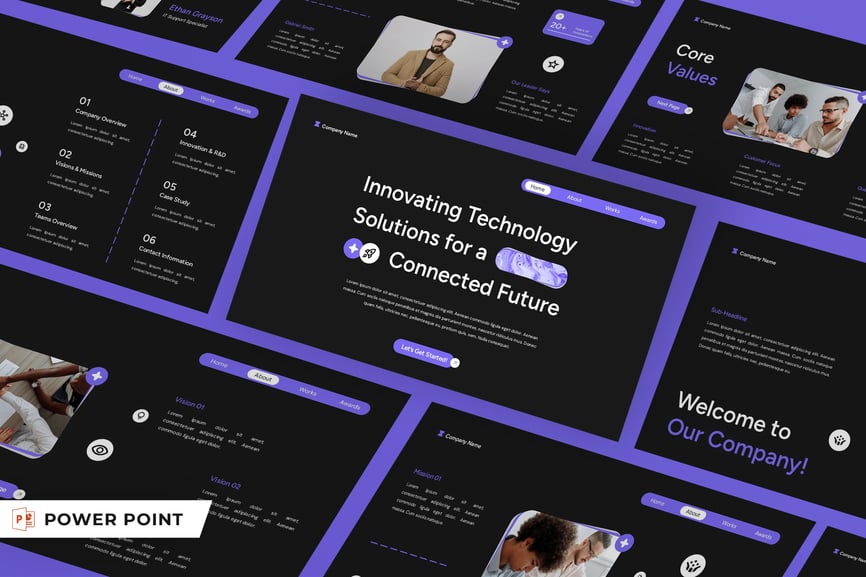 黑色紫色现代技术公司资料PPT模板 (PPT,PPTX)