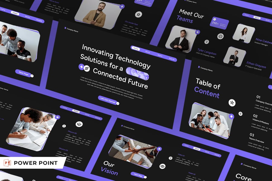 黑色紫色现代技术公司资料PPT模板 (PPT,PPTX)