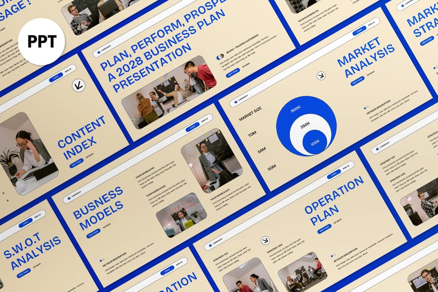 奶油蓝色现代商业计划PPT模板 (PPT,PPTX)