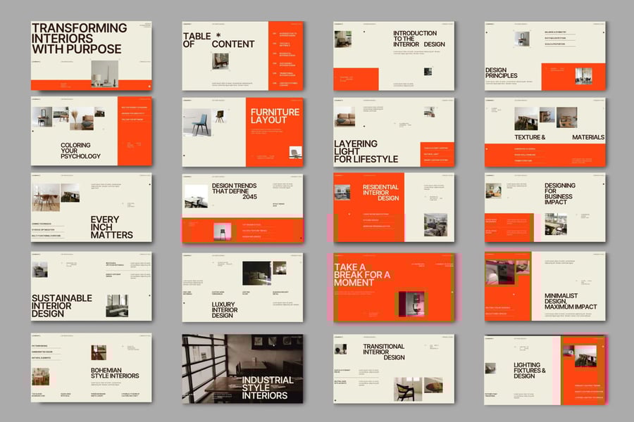 米色橙色室内设计演示PPT模板 (PPTX,PPT)